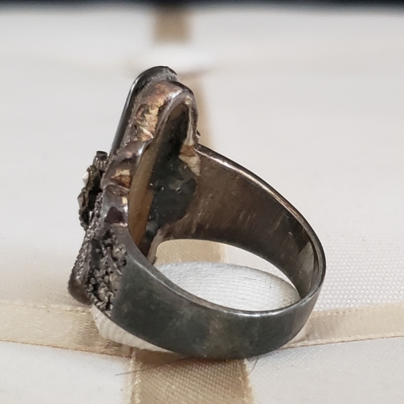 Vintage Rare Sterling Silver and Marcasite with Onyx Stone Ring Size 7 - Picture 8 of 8